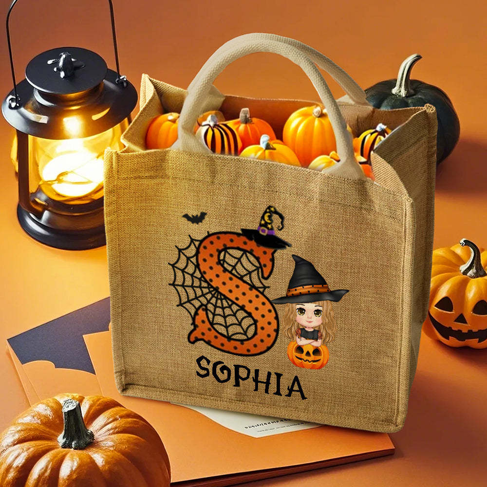 Gepersonaliseerde Cartoon Karakter Pompoen Ontwerp Trick Or Treat Snoep Jute Draagtas Met Initial & Naam Halloween Feestartikelen Cadeau Voor Kinderen - SokkenFoto