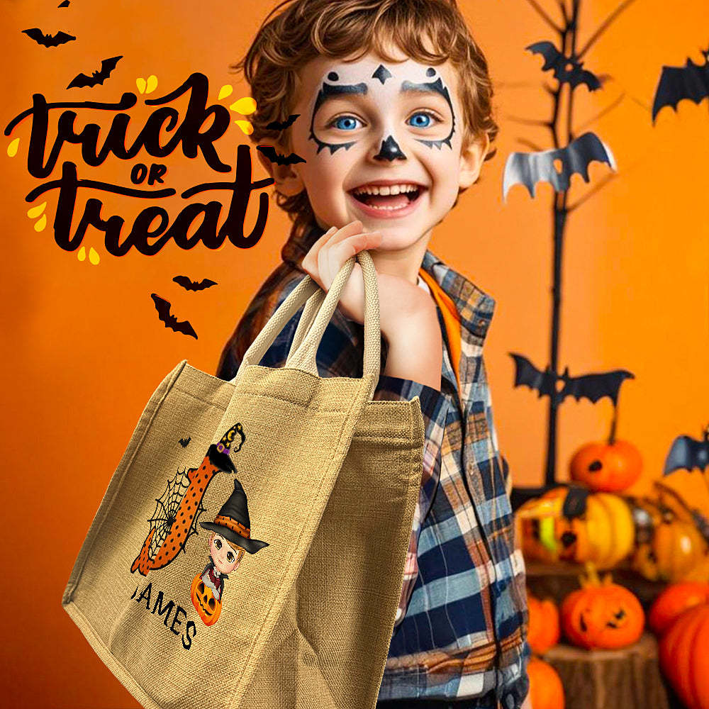 Gepersonaliseerde Cartoon Karakter Pompoen Ontwerp Trick Or Treat Snoep Jute Draagtas Met Initial & Naam Halloween Feestartikelen Cadeau Voor Kinderen - SokkenFoto
