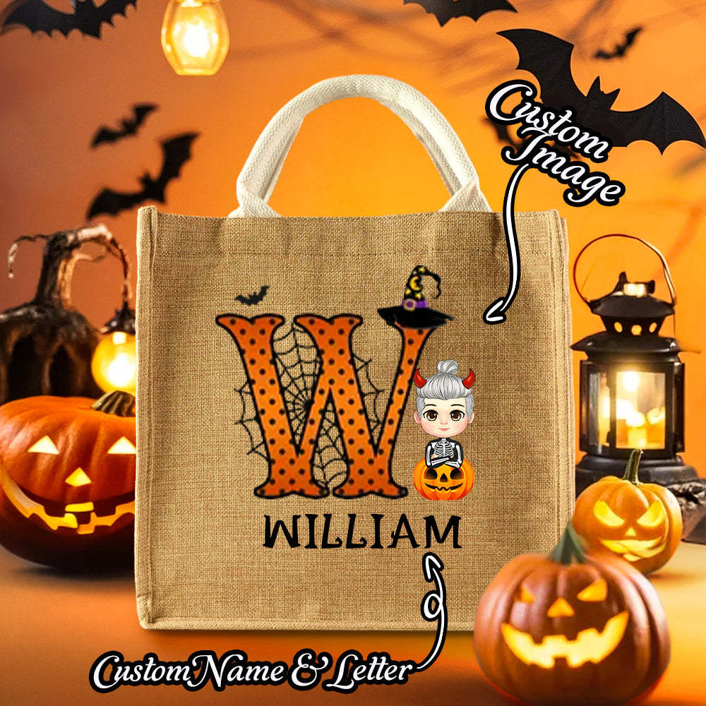 Gepersonaliseerde Cartoon Karakter Pompoen Ontwerp Trick Or Treat Snoep Jute Draagtas Met Initial & Naam Halloween Feestartikelen Cadeau Voor Kinderen - SokkenFoto