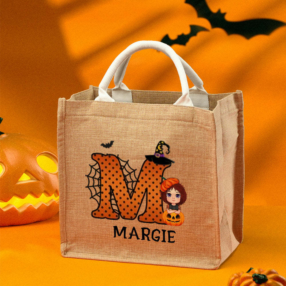Gepersonaliseerde Cartoon Karakter Pompoen Ontwerp Trick Or Treat Snoep Jute Draagtas Met Initial & Naam Halloween Feestartikelen Cadeau Voor Kinderen - SokkenFoto