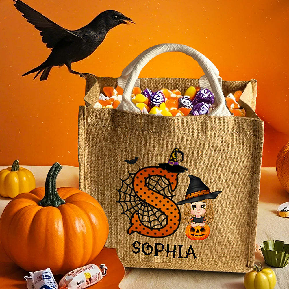 Gepersonaliseerde Cartoon Karakter Pompoen Ontwerp Trick Or Treat Snoep Jute Draagtas Met Initial & Naam Halloween Feestartikelen Cadeau Voor Kinderen - SokkenFoto