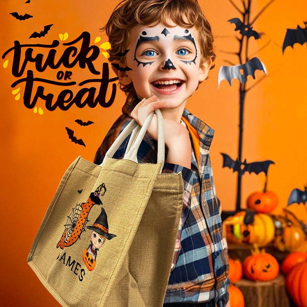 Gepersonaliseerde Cartoon Karakter Pompoen Ontwerp Trick Or Treat Snoep Jute Draagtas Met Initial & Naam Halloween Feestartikelen Cadeau Voor Kinderen - SokkenFoto