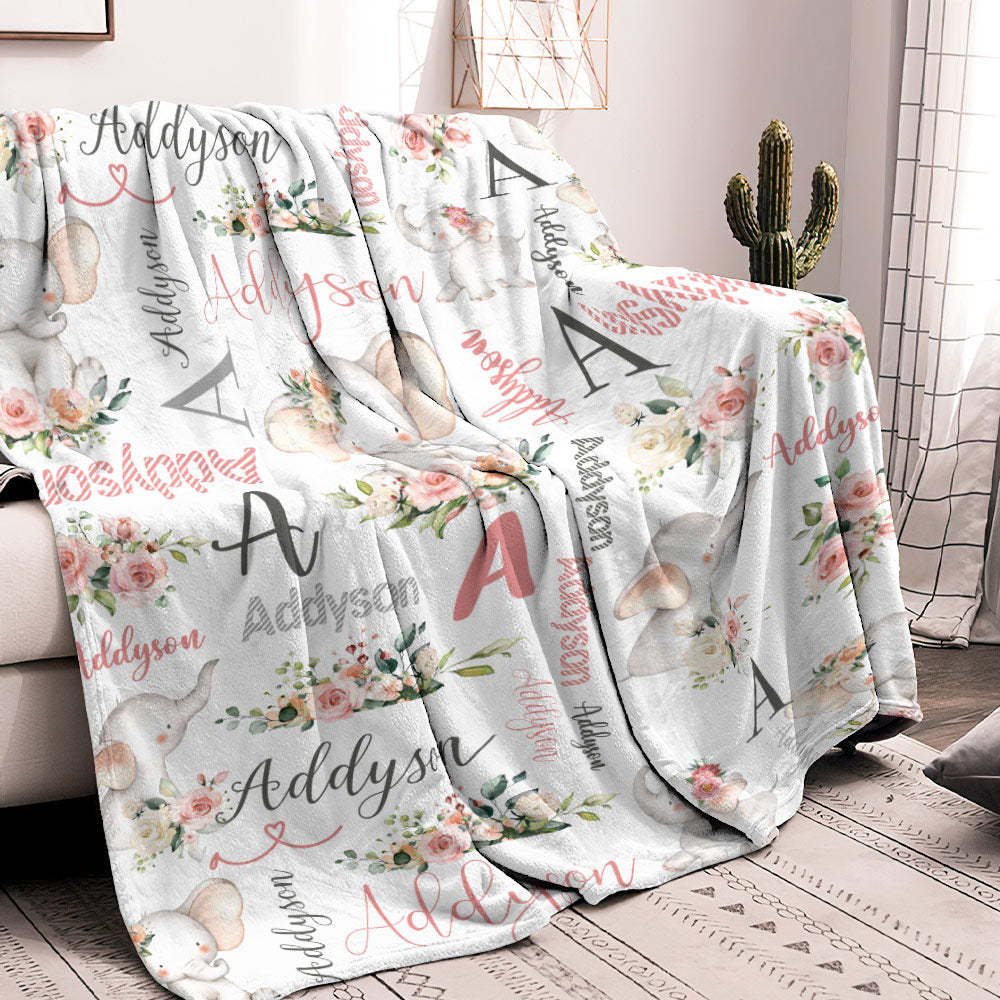 Aangepaste Bloemen Schattige Olifant Deken Met Naam Verjaardag Baby Shower Cadeau Voor Baby Kind Familie - SokkenFoto