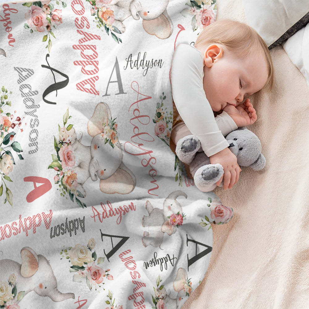 Aangepaste Bloemen Schattige Olifant Deken Met Naam Verjaardag Baby Shower Cadeau Voor Baby Kind Familie - SokkenFoto