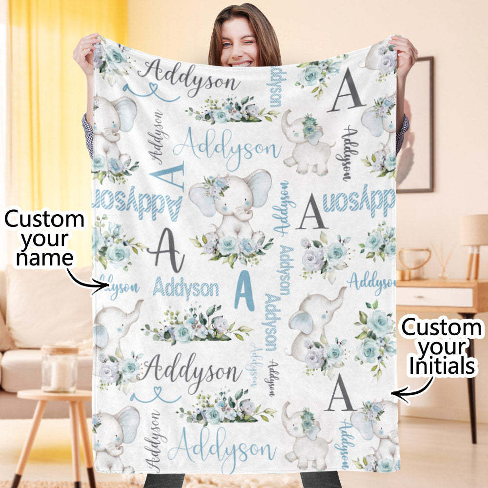 Aangepaste Bloemen Schattige Olifant Deken Met Naam Verjaardag Baby Shower Cadeau Voor Baby Kind Familie - SokkenFoto