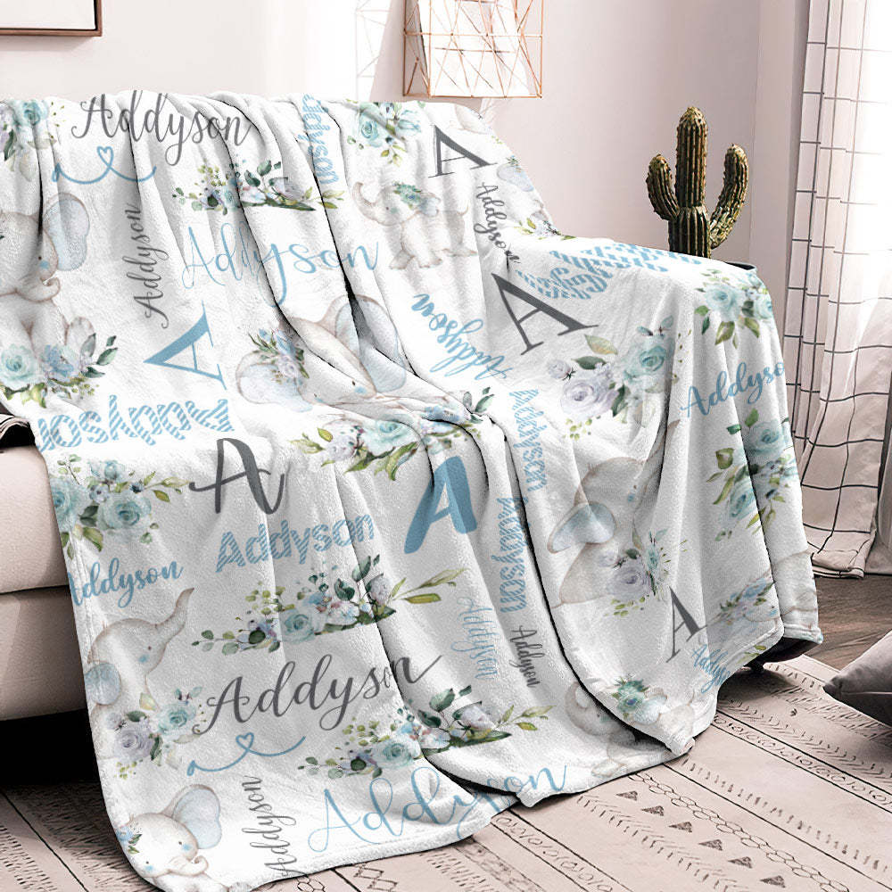 Aangepaste Bloemen Schattige Olifant Deken Met Naam Verjaardag Baby Shower Cadeau Voor Baby Kind Familie - SokkenFoto