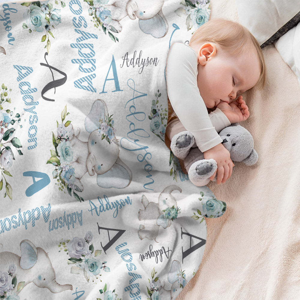 Aangepaste Bloemen Schattige Olifant Deken Met Naam Verjaardag Baby Shower Cadeau Voor Baby Kind Familie - SokkenFoto