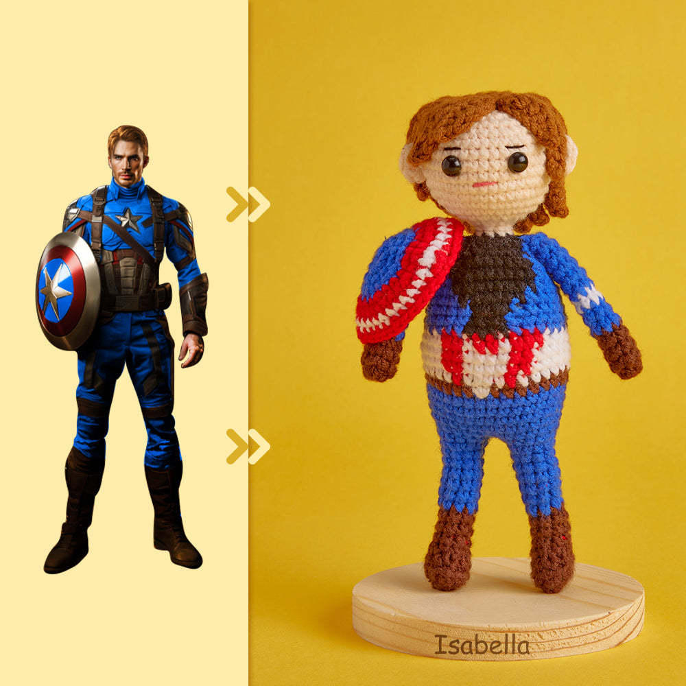 Full Body Aanpasbare 1 Persoon Aangepaste Gehaakte Pop Gepersonaliseerde Geschenken Handgeweven Mini-poppen - Captain America - SokkenFoto