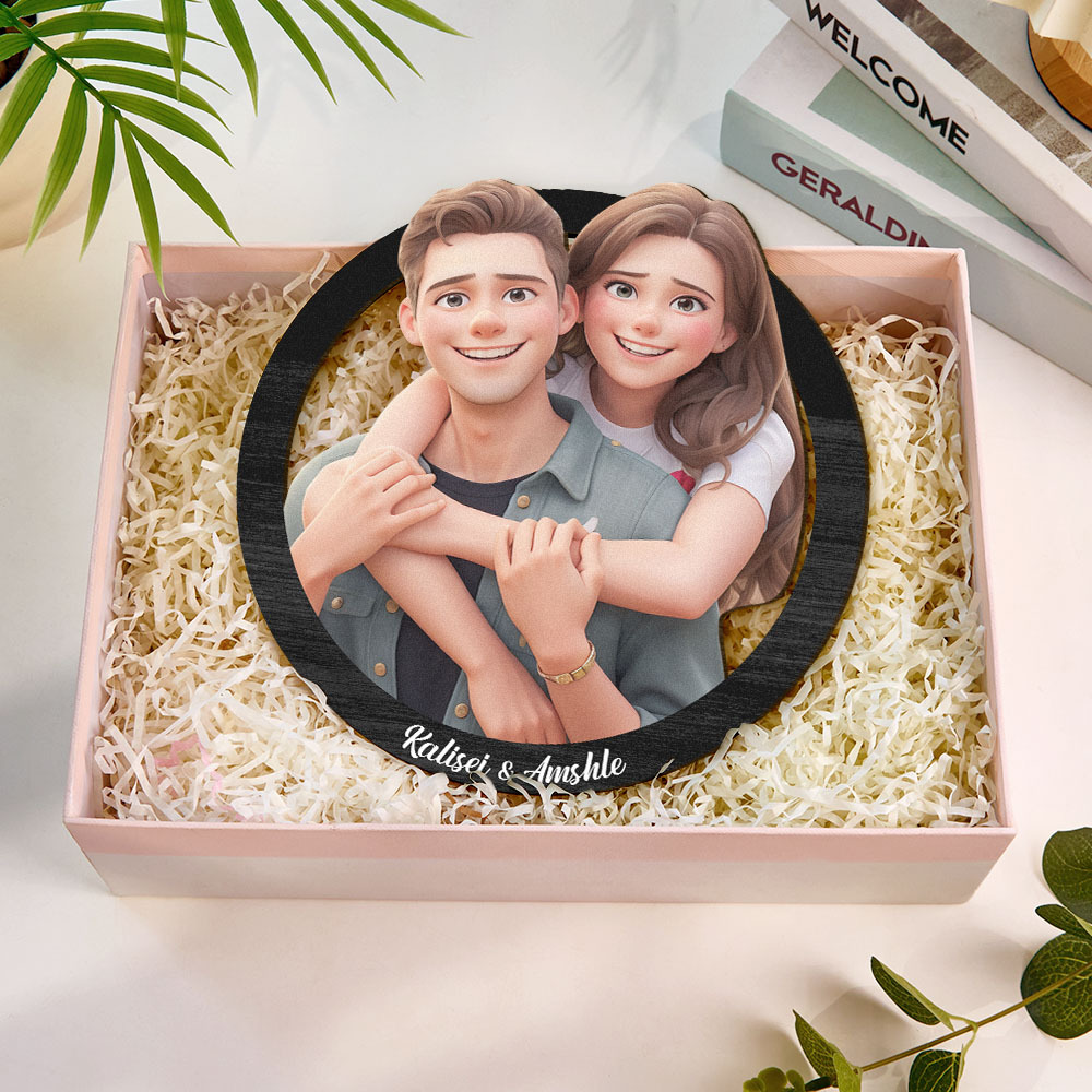 Cadeaus Voor Koppels Voor Valentijn Aangepaste Foto 3d Cartoon Portret Cadeau Fotolijst, Cartoon Stijl 3d Foto Houten Lijst Teken, Huwelijksjubileum Cadeau - SokkenFoto