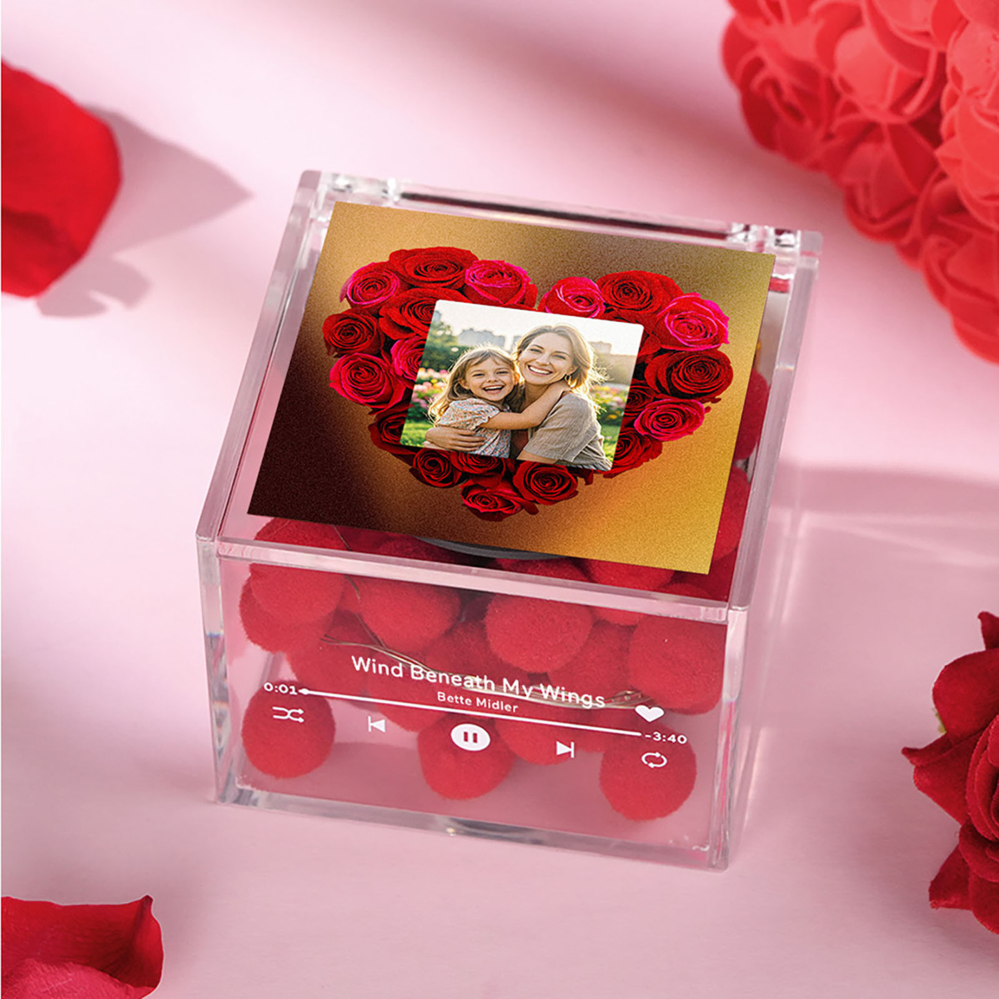 Gepersonaliseerde Mini Vinyl Platenspeler Gepersonaliseerde Rode Hart Bloem Stijl Foto Gegraveerd Moederdag Cadeau Voor Moeder - SokkenFoto