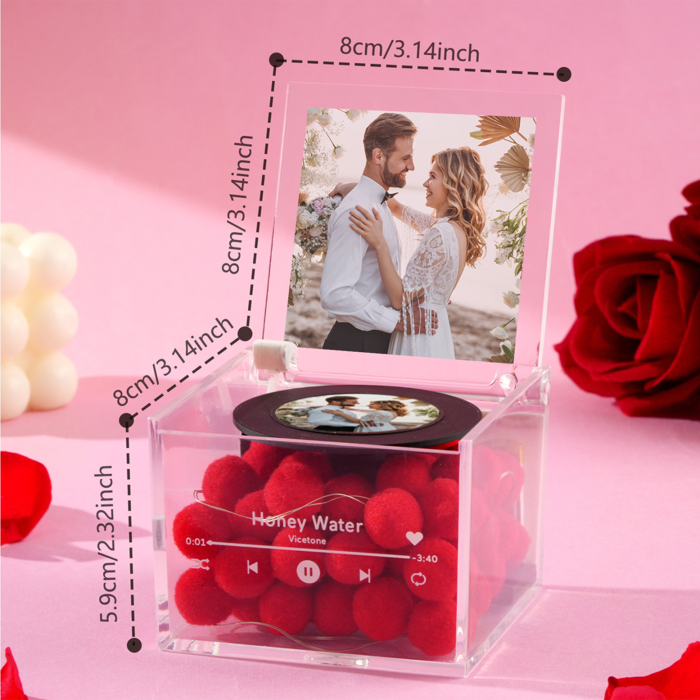 Gepersonaliseerde Mini Vinyl Platenspeler Gepersonaliseerde Rode Hartbloem Stijl Foto Gegraveerd Jubileum Cadeau Voor Koppels - SokkenFoto