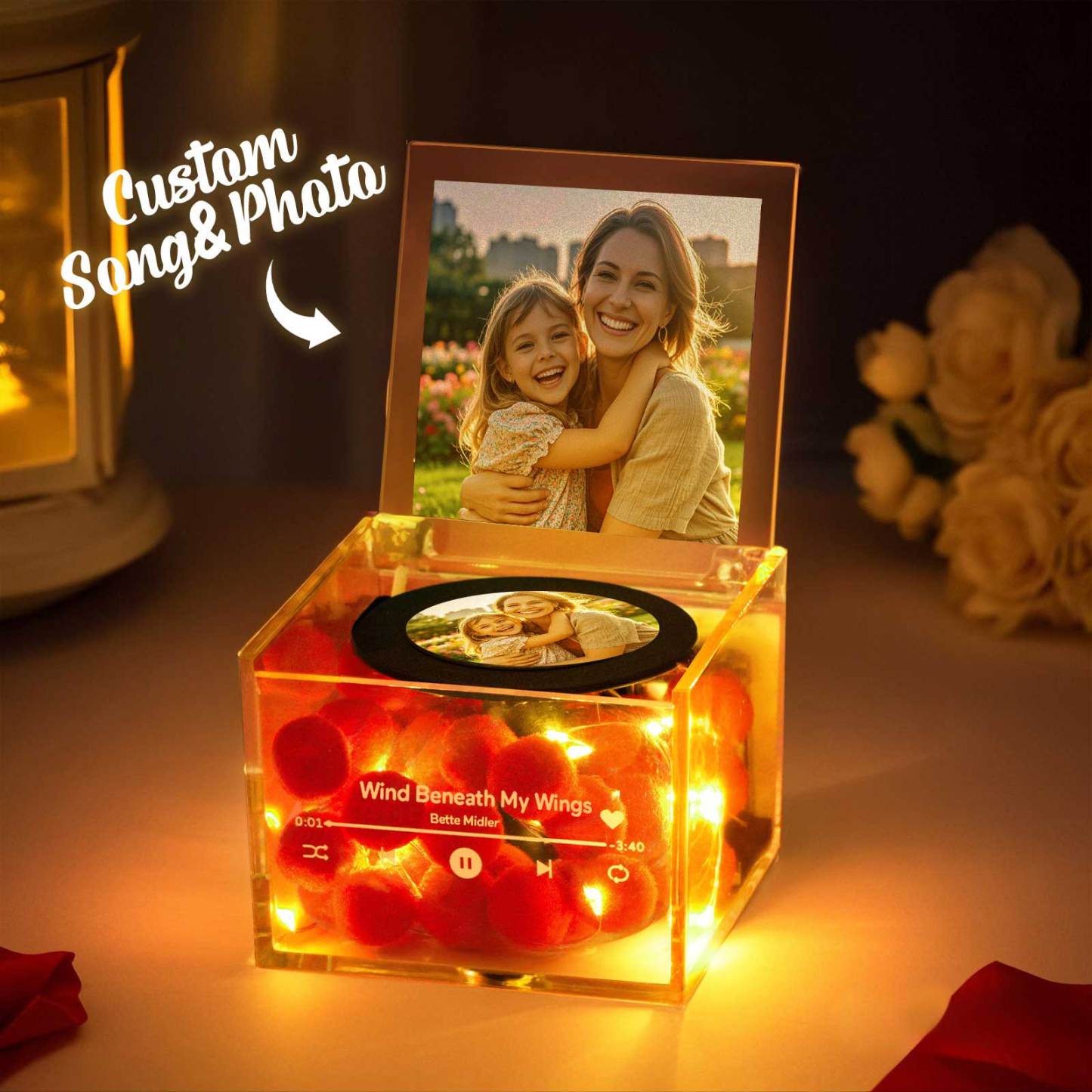 Gepersonaliseerde Mini Vinyl Platenspeler Gepersonaliseerde Rode Hart Bloem Stijl Foto Gegraveerd Moederdag Cadeau Voor Moeder - SokkenFoto