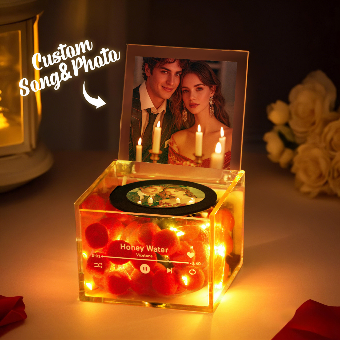 Gepersonaliseerde Mini Vinyl Platenspeler Gepersonaliseerde Rode Hartbloem Stijl Foto Gegraveerd Jubileum Cadeau Voor Koppels - SokkenFoto