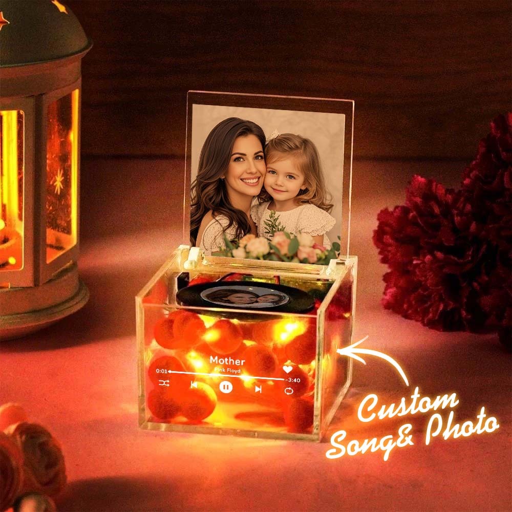 Gepersonaliseerde Mini-platenspeler In Een Acryldoos Met Een Gepersonaliseerde Teksthoes Als Moederdagcadeau Voor Moeder - SokkenFoto