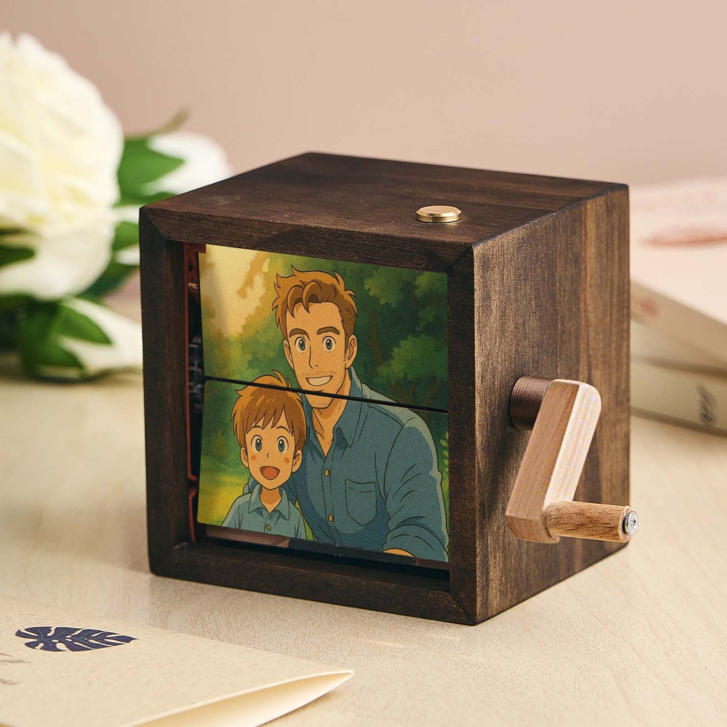 Aangepaste Anime Hand-crank Flipbook Box Mechanisch Hand-crank Fotoalbum Met Licht Walnoot Baby Foto Kubus Frame Creatief Cadeau - SokkenFoto