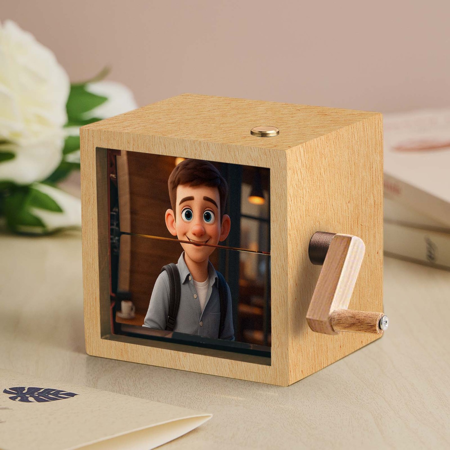 Aangepaste Anime Hand-crank Flipbook Box Mechanisch Hand-crank Fotoalbum Met Licht Walnoot Baby Foto Kubus Frame Creatief Cadeau - SokkenFoto