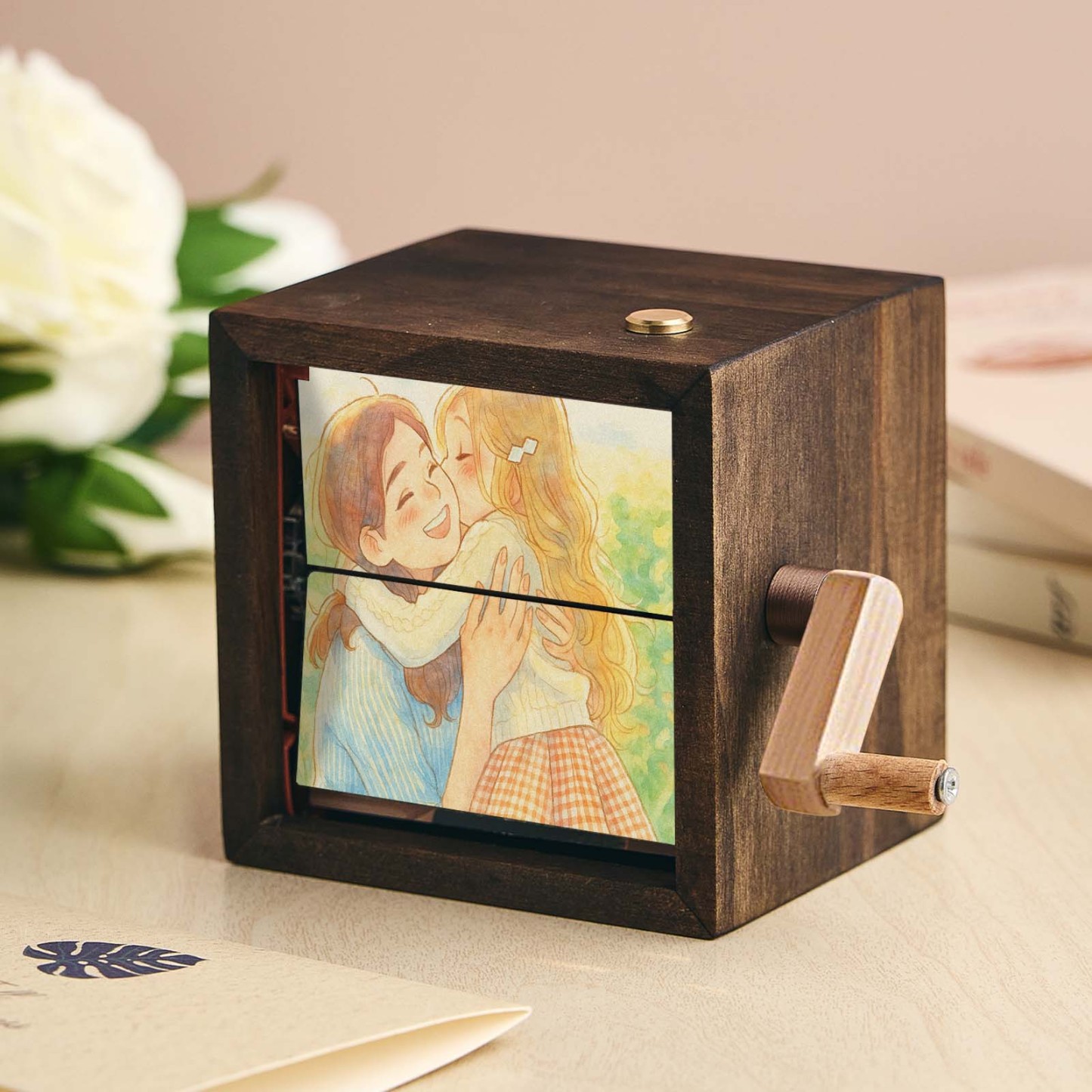 Aangepaste Anime Hand-crank Flipbook Box Mechanisch Hand-crank Fotoalbum Met Licht Walnoot Baby Foto Kubus Frame Creatief Cadeau - SokkenFoto