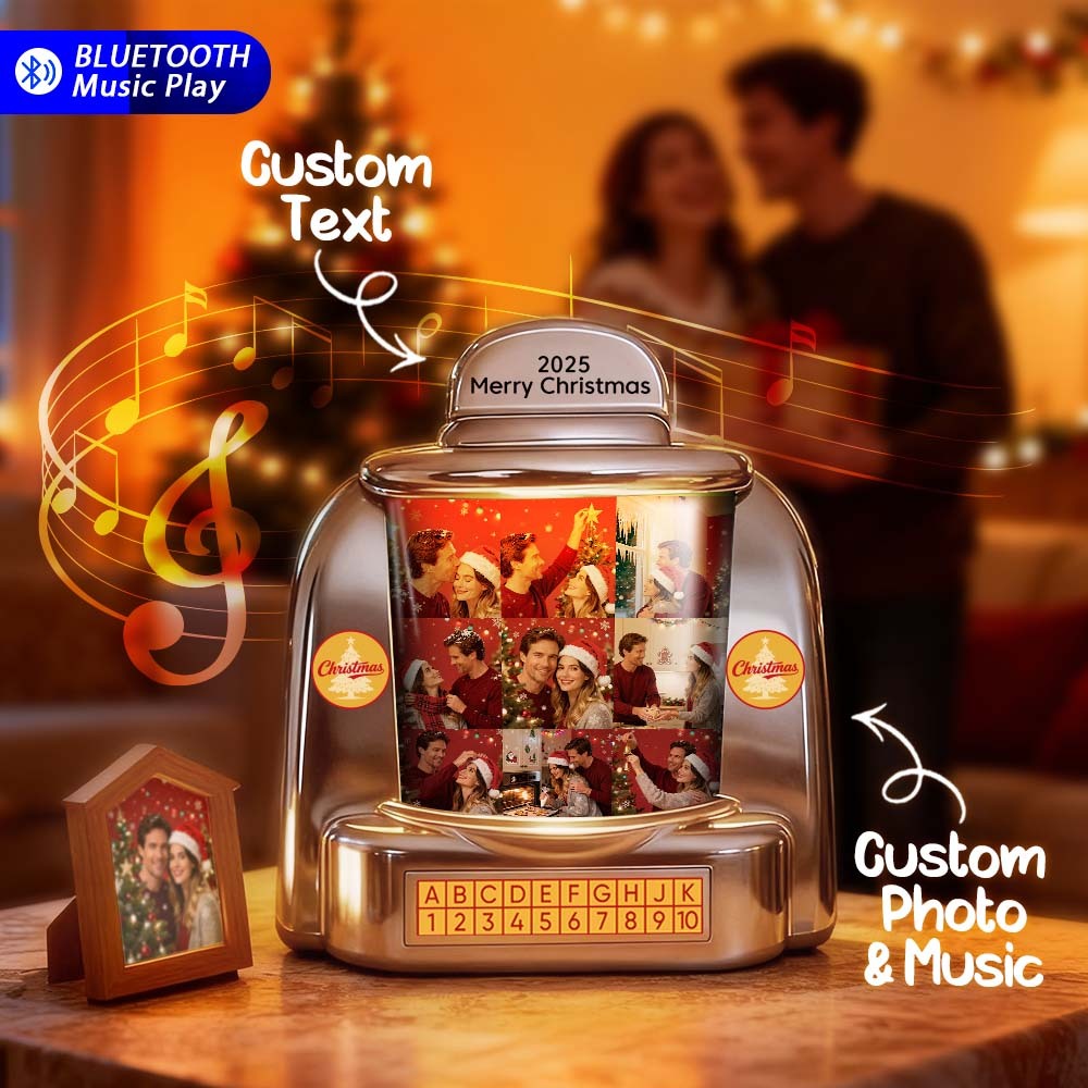 Gepersonaliseerde Mini-jukebox Met Retro-luidspreker, Gepersonaliseerde Mini-speler Met 9 Foto's En Tekstmuziek En Bluetooth-muziekradio, Vintage Tafeldecoratie, Nostalgisch Kerstcadeau - SokkenFoto