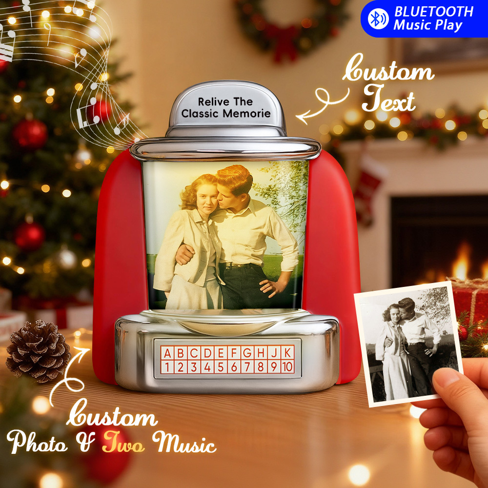 Aangepaste Ai Restore Old Memories Mini Jukebox Retro Speaker - Gepersonaliseerde Foto, Namen En Datum Muziek Minispeler Met Radio | Vintage Tafeldecoratie, Nostalgische Kerst Retro Cadeaus - SokkenFoto
