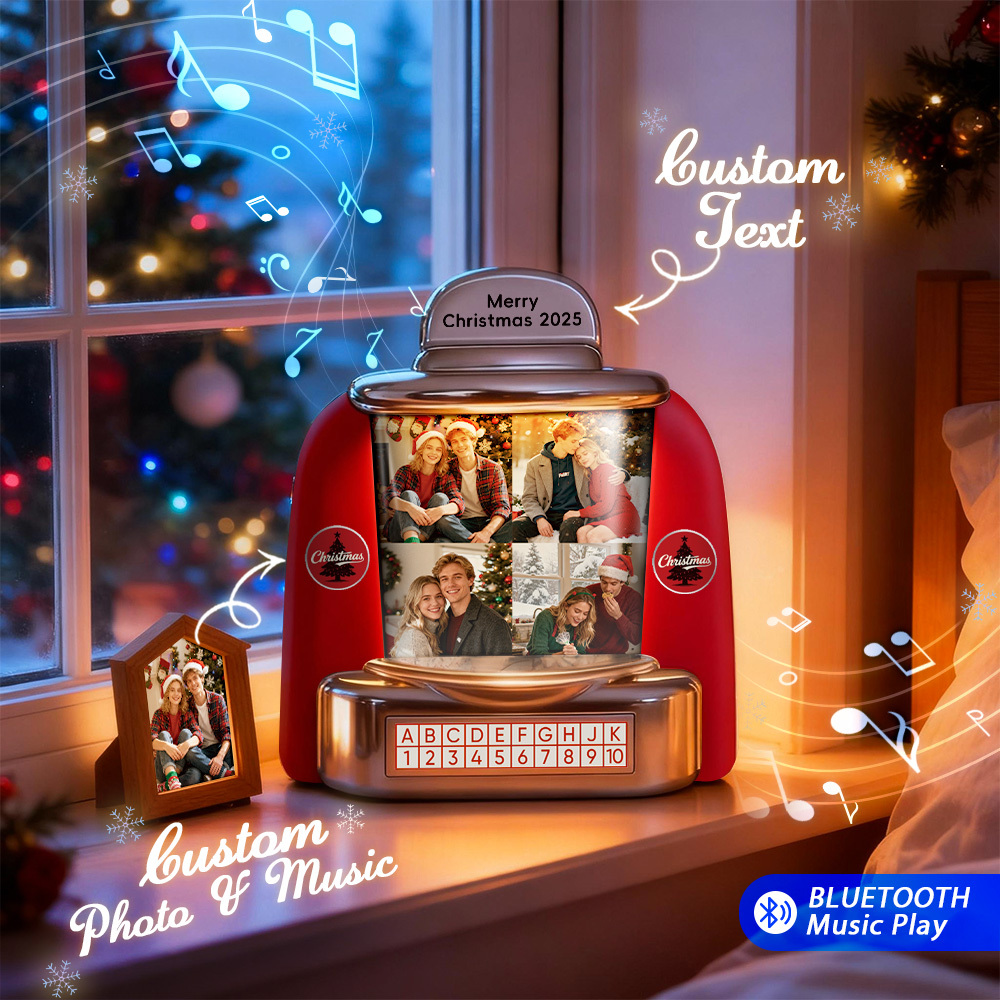 Gepersonaliseerde Kerst Mini Jukebox Retro Speaker – Gepersonaliseerde Foto, Namen En Datum Muziek Mini Speler Met Radio | Vintage Tafeldecoratie Nostalgische Kerst Retro Cadeaus - SokkenFoto