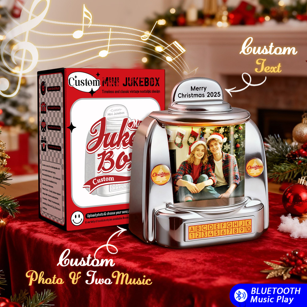Gepersonaliseerde Kerst Mini Jukebox Retro Speaker – Gepersonaliseerde Foto, Namen En Datum Muziek Mini Speler Met Radio | Vintage Tafeldecoratie Nostalgische Kerst Retro Cadeaus - SokkenFoto
