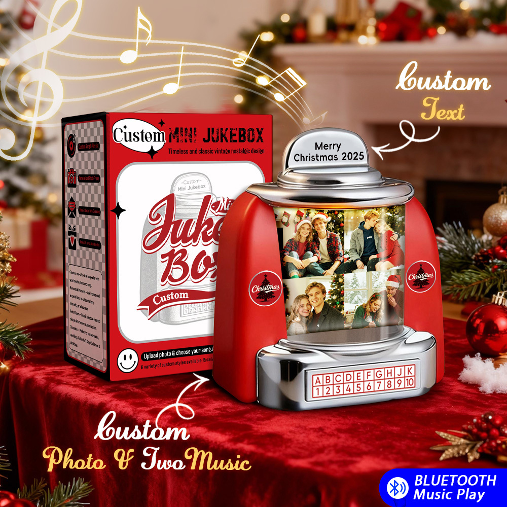 Gepersonaliseerde Kerst Mini Jukebox Retro Speaker – Gepersonaliseerde Foto, Namen En Datum Muziek Mini Speler Met Radio | Vintage Tafeldecoratie Nostalgische Kerst Retro Cadeaus - SokkenFoto