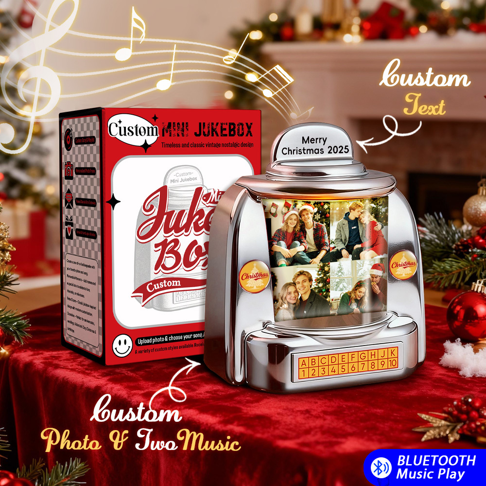 Gepersonaliseerde Kerst Mini Jukebox Retro Speaker – Gepersonaliseerde Foto, Namen En Datum Muziek Mini Speler Met Radio | Vintage Tafeldecoratie Nostalgische Kerst Retro Cadeaus - SokkenFoto
