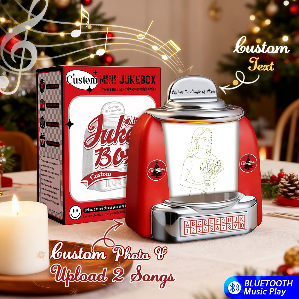 Gepersonaliseerde Mini-jukebox Retro-luidspreker - Gepersonaliseerde Foto In Pixar-stijl En 2 Liedjes Minispeler Met Radio | Vintage Tafeldecoratie, Nostalgisch Cadeau - SokkenFoto