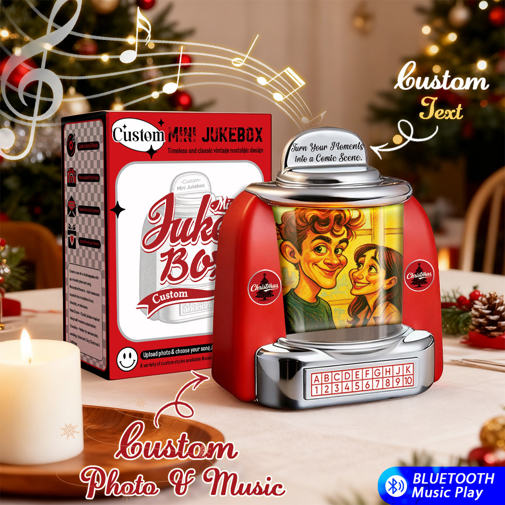 Gepersonaliseerde Mini-jukebox Retro-luidspreker - Gepersonaliseerde Foto In Pixar-stijl En 2 Liedjes Minispeler Met Radio | Vintage Tafeldecoratie, Nostalgisch Cadeau - SokkenFoto