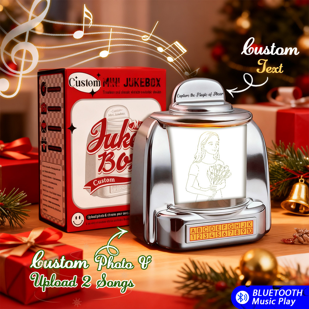 Gepersonaliseerde Mini-jukebox Retro-luidspreker - Gepersonaliseerde Foto In Pixar-stijl En 2 Liedjes Minispeler Met Radio | Vintage Tafeldecoratie, Nostalgisch Cadeau - SokkenFoto