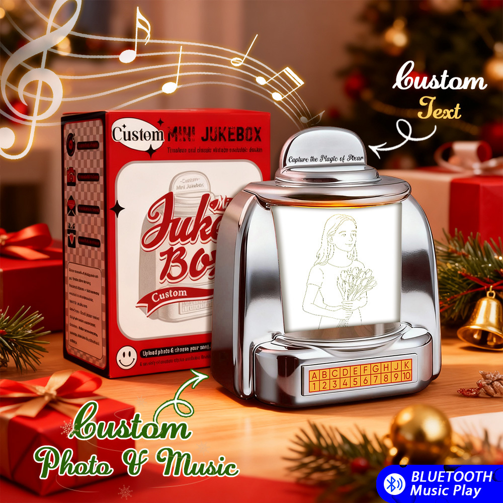 Gepersonaliseerde Mini-jukebox Retro-luidspreker - Gepersonaliseerde Foto In Pixar-stijl En 2 Liedjes Minispeler Met Radio | Vintage Tafeldecoratie, Nostalgisch Cadeau - SokkenFoto