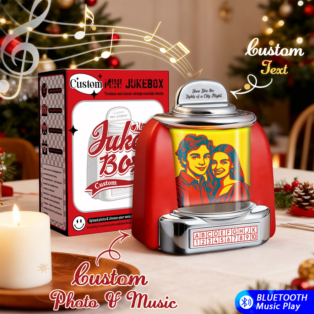 Gepersonaliseerde Mini-jukebox Retro-luidspreker - Gepersonaliseerde Foto In Pixar-stijl En 2 Liedjes Minispeler Met Radio | Vintage Tafeldecoratie, Nostalgisch Cadeau - SokkenFoto