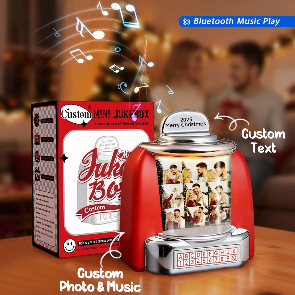 Gepersonaliseerde Mini-jukebox Met Retro-luidspreker, Gepersonaliseerde Mini-speler Met 9 Foto's En Tekstmuziek En Bluetooth-muziekradio, Vintage Tafeldecoratie, Nostalgisch Kerstcadeau - SokkenFoto