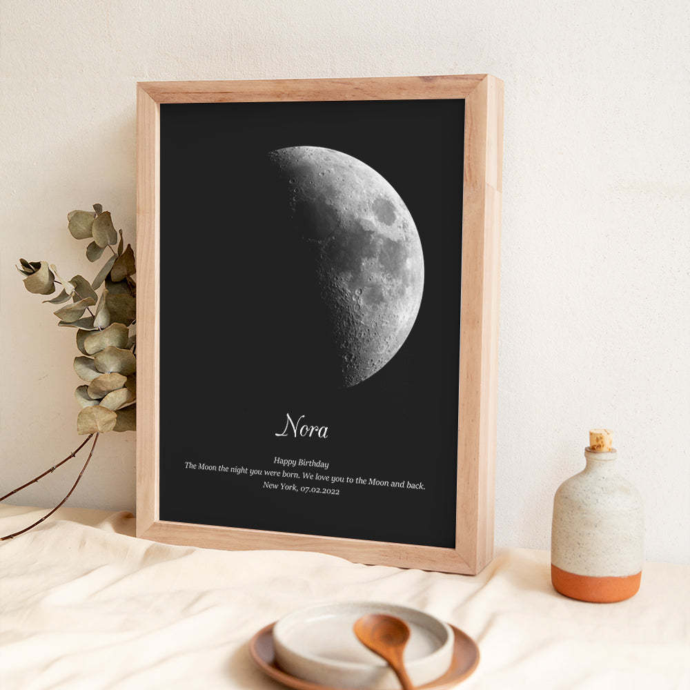 Aangepaste Maanfase Houten Frame Met Gepersonaliseerde Naam En Tekst - SokkenFoto