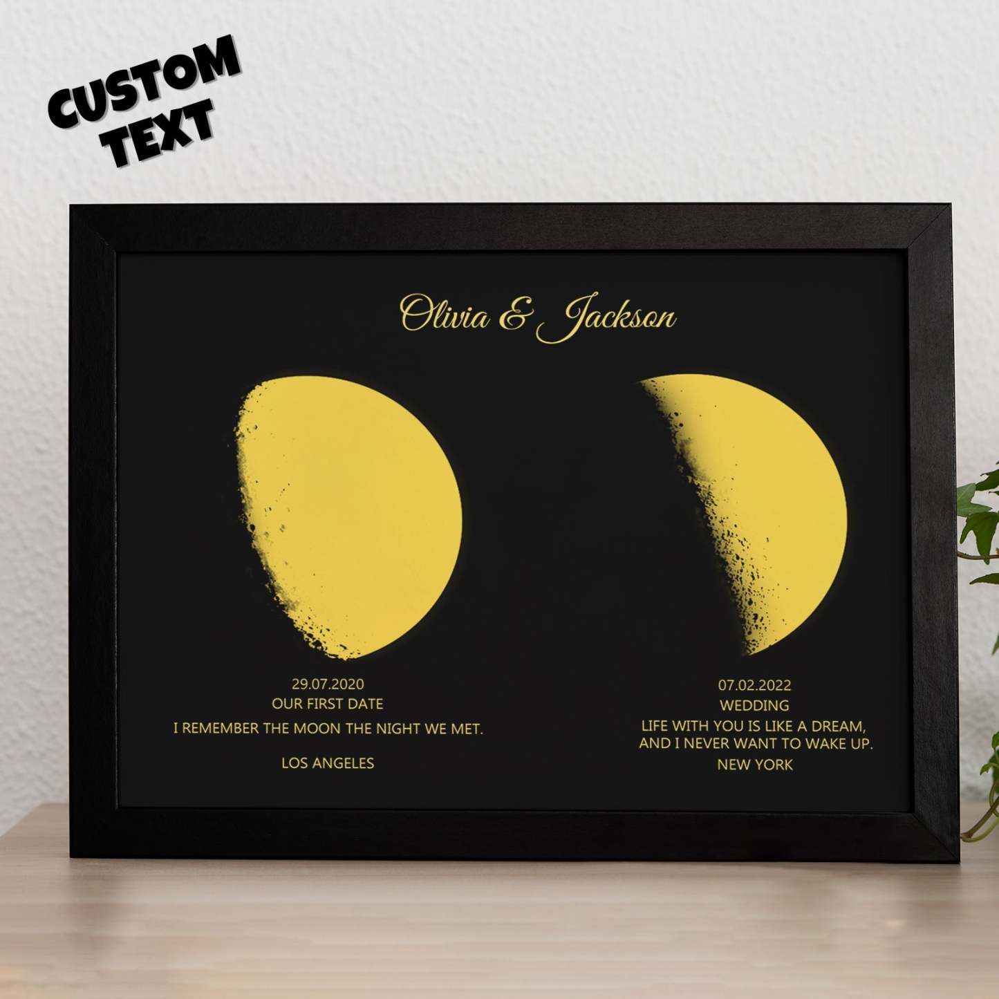 Aangepaste Maanfase En Namen Houten Frame Met Gepersonaliseerde Tekst Gold Moon - SokkenFoto