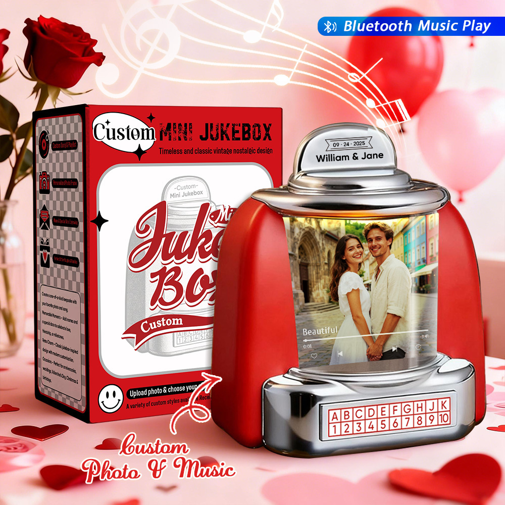 Gepersonaliseerde Mini-jukebox Met Foto En Bluetooth-muziekspeler – Een Jukebox Als Cadeau Voor Stellen, Romantische Momenten, Jubilea, Valentijnsdag En Als Woondecoratie. - SokkenFoto