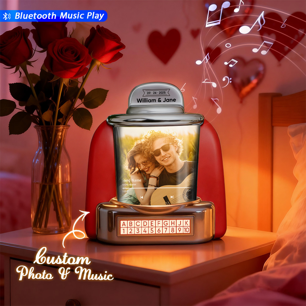 Gepersonaliseerde Mini-jukebox Met Minnaarfoto En Bluetooth-muziekspeler – Jukebox-cadeau Op Maat Voor Koppels, Romantische Momenten, Jubilea, Valentijnsdag En Woondecoratie - SokkenFoto