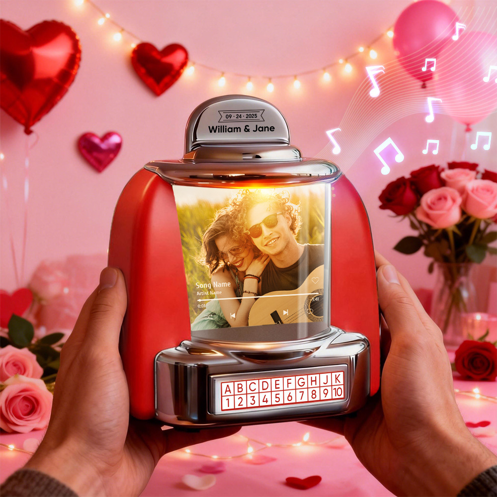 Gepersonaliseerde Mini-jukebox Met Minnaarfoto En Bluetooth-muziekspeler – Jukebox-cadeau Op Maat Voor Koppels, Romantische Momenten, Jubilea, Valentijnsdag En Woondecoratie - SokkenFoto