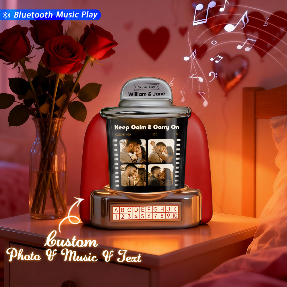 Gepersonaliseerde Jukebox Met Foto, Muziek En Tekst – Mini Bluetooth-jukebox In Vintage Stijl, Een Perfect Cadeau Voor Stellen En Speciale Momenten. - SokkenFoto