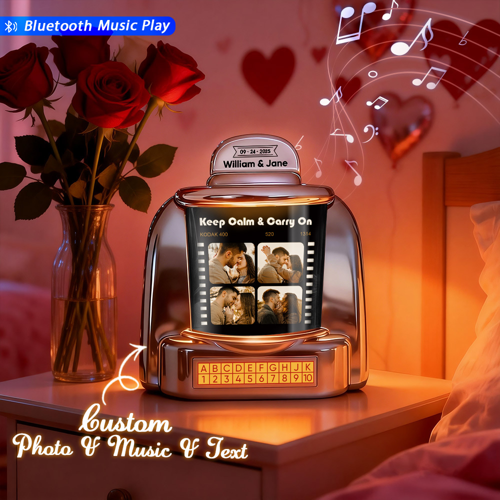 Gepersonaliseerde Jukebox Met Foto, Muziek En Tekst – Mini Bluetooth-jukebox In Vintage Stijl, Een Perfect Cadeau Voor Stellen En Speciale Momenten. - SokkenFoto