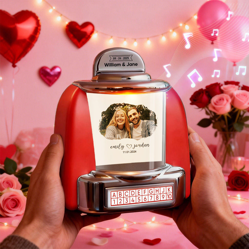 Gepersonaliseerde Mini-jukebox Met Foto En Muziek Als Cadeau – Bluetooth-jukebox Met Aangepaste Tekst Voor Stellen, Jubilea En Valentijnsdag - SokkenFoto