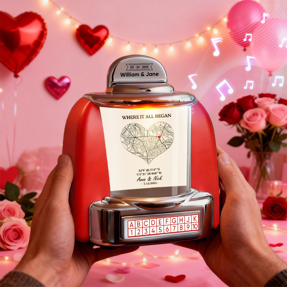Gepersonaliseerde Mini-jukebox Als Liefdesherinnering – Mini Bluetooth-jukebox Met Foto, Tekst En Ontwerp Met Speciale Locatie - SokkenFoto