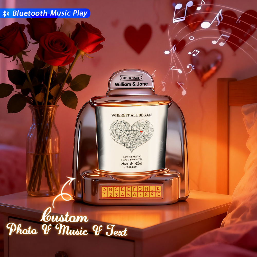 Gepersonaliseerde Mini-jukebox Als Liefdesherinnering – Mini Bluetooth-jukebox Met Foto, Tekst En Ontwerp Met Speciale Locatie - SokkenFoto