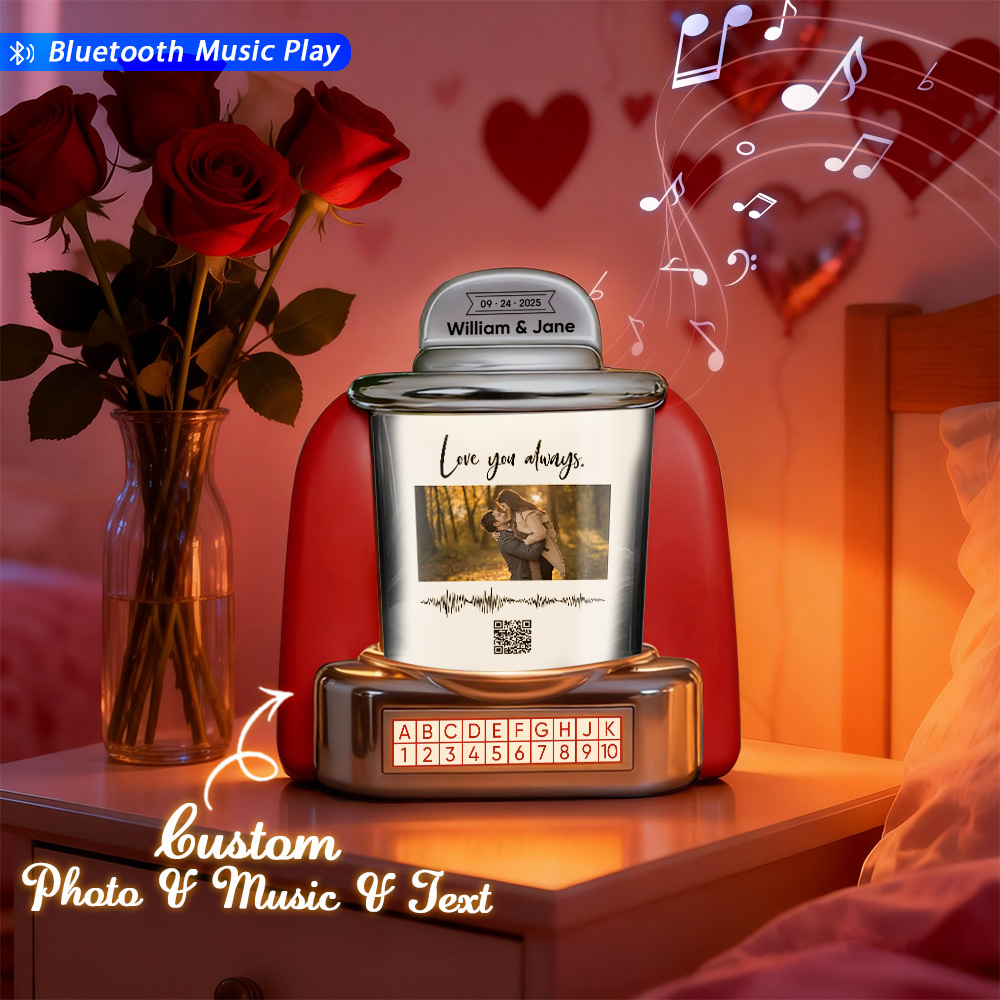 Gepersonaliseerde Mini-jukebox Met Foto, Qr-code En Geluidsgolf – Een Op Maat Gemaakte Bluetooth-jukebox Met Foto, Muziek En Tekst, Een Ideaal Cadeau Voor Stellen. - SokkenFoto