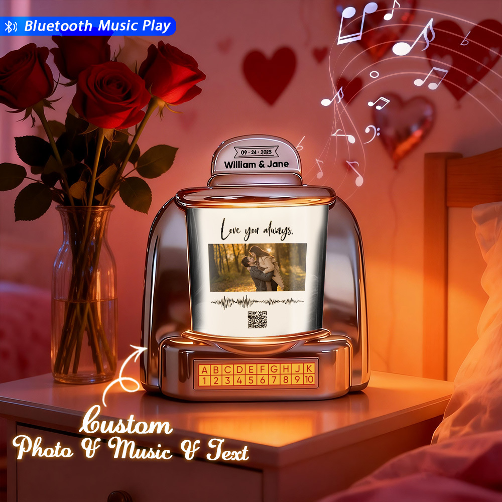 Gepersonaliseerde Mini-jukebox Met Foto, Qr-code En Geluidsgolf – Een Op Maat Gemaakte Bluetooth-jukebox Met Foto, Muziek En Tekst, Een Ideaal Cadeau Voor Stellen. - SokkenFoto