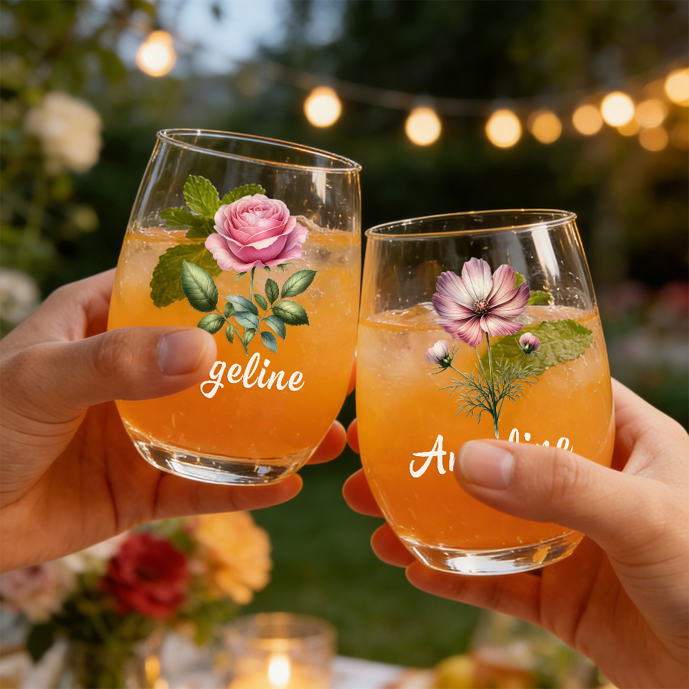 Gepersonaliseerd Wijnglas Met Geboortebloem En Naam, Gepersonaliseerd Moederdagcadeau, Verjaardagscadeau Met Geboortebloem Voor Haar - SokkenFoto