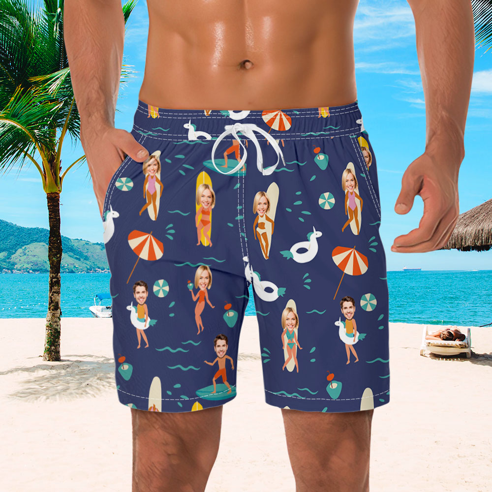 Aangepaste Lichtblauwe Gezicht Heren Zwembroek Gepersonaliseerde Tropische Zwemshorts Badpak