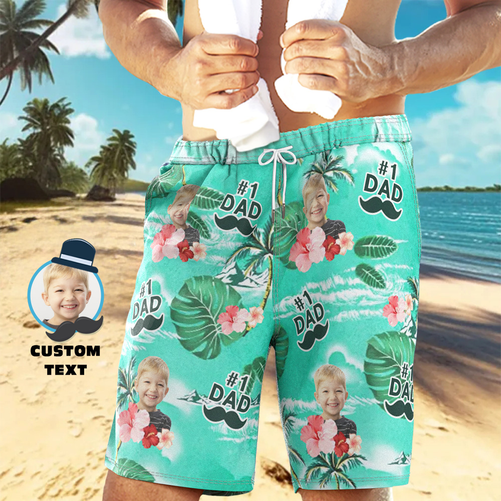 Gepersonaliseerde Zwembroek Voor Heren Met Gezicht, Gepersonaliseerde Tropische Zwembroek Met Groene Print, Beste Vader Ooit, Cadeau Voor Vaderdag
