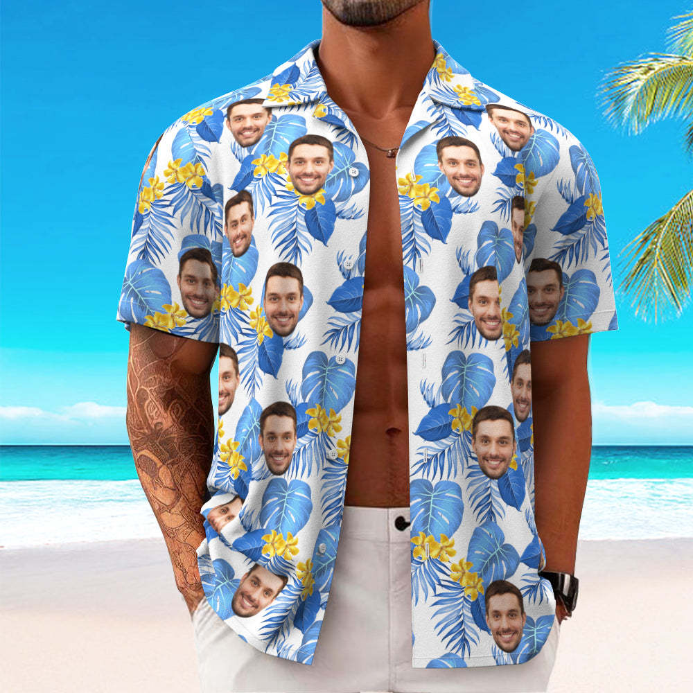 Op Maat Gemaakt Hawaiiaans Overhemd Voor Heren, Gepersonaliseerd Overhemd Met Korte Mouwen En Foto, Gezicht, Bedrukt Hawaii Overhemd Blauwe Bloem - SokkenFoto