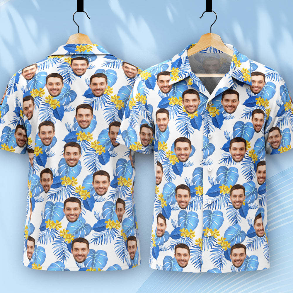 Op Maat Gemaakt Hawaiiaans Overhemd Voor Heren, Gepersonaliseerd Overhemd Met Korte Mouwen En Foto, Gezicht, Bedrukt Hawaii Overhemd Blauwe Bloem - SokkenFoto
